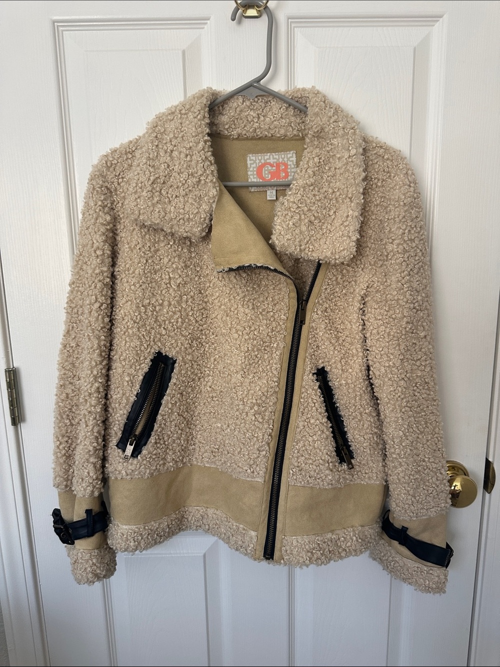Gianni Bini Cream Teddy Sherpa Moto Jacket with Black Trim